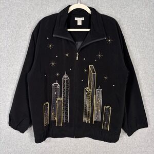 Mureli Embroidered Jacket Large Black Gold Silver Skyline Cityscape Night Stars